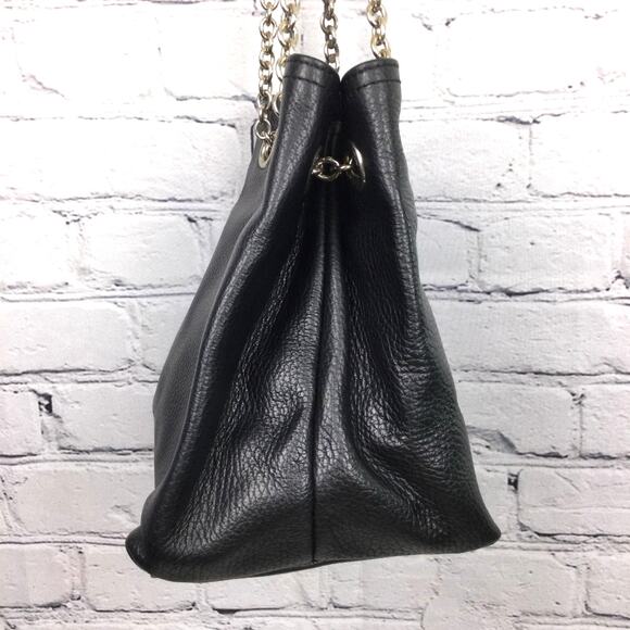 Doncastor Pebbled Leather Chain Link Double Handle Lined Black Bucket Handbag - Picture 4 of 16